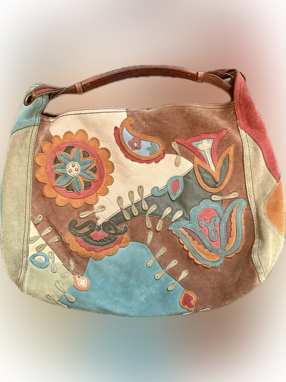 Lucky Brand Suede Floral Appliqué Tote in Brown, Cream, Blue, Coral